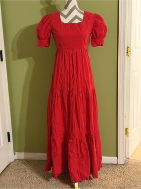 Vintage Red Polka Dot Maxi Dress Puff Sleeve Tiered Square Neck